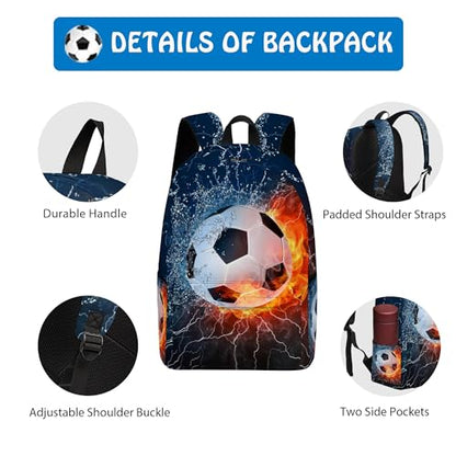 3PCS Backpack for Boys Girls, Kids Soccer Back to School Backpack Sets with Lunch Bag Pencil Case, 17 Inch Lightweight Bookpack 3 in 1 Set for Teens Elementary Middle High School Students - color: Water Fire Soccer