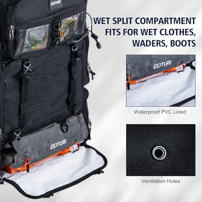 Goture Fishing Backpack with Cooler,72L Large 600D Tackle Backpack with Rod Holders,Dry & Wet Split Compartment,Adjustable Main Compartment,Rain Cover,Insulated Tactical Bag for Travel Camping Hiking - color: Black (Only Bag, Without Tackle Box)