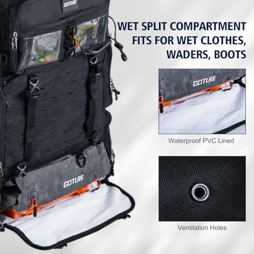 Goture Fishing Backpack with Cooler, 72L 600D Tackle Backpack Included 4 3700 Tackle Boxes, Dry & Wet Split Compartment, Large Fishing Tackle Bag with Rod Holders,Rain Cover for Travel Camping Hiking - color: Black (with 4 3700 Tackle Boxes)