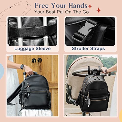 miss fong Diaper Bag Backpack Leather Diaper Bag, Baby Diaper Bag for Baby, 16 Pockets with Hand Sanitizer Holder, Changing Pad, 2 Insulated Pockets(Black) - color: Black
