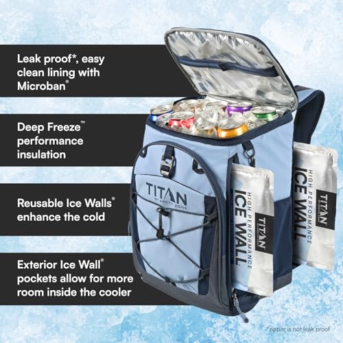 Titan Deep Freeze Ice Wall Backpack Cooler 30 Can Cooler Bag with Ice Packs - color: Dark Arctic Blue
