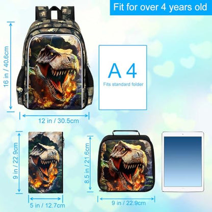 3Pcs Dinosaur Backpack for Boys, 16" Kids School Bookbag with Lunch Box, Dino Backpacks Set for Elementary Preschool Kindergarten(Brown) - color: Dionsaur Brown01