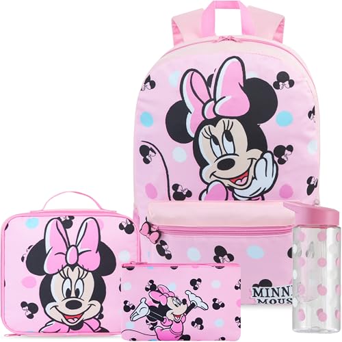 Get Trend Disney Minnie Mouse Kids Backpack 4 Piece Set | 18 inch Bookbag, Insulated Lunch Bag, Zipped Pencil Case & BPA-Free Water Bottle for School & Travel, Gifts for Girls - color: Pink Minnie