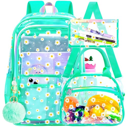 gxtvo 3PCS Clear Bookbag Heavy-Duty Set for Women & Teen Girls, 17" Green Transparent Backpack with Rainbow Strap, Cute Chrysanthemum See Through School Bag - color: Green Chrysanthemum Clear Backpack Set