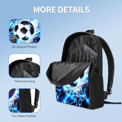 3PCS Boys Backpack, Kids Back To School Backpack with Lunch Box Pencil Case Set, Cool Soccer Backpack for Boys Teens, 17" Schoolbag Bookbag for Elementary Middle High School Students - color: Light Soccer