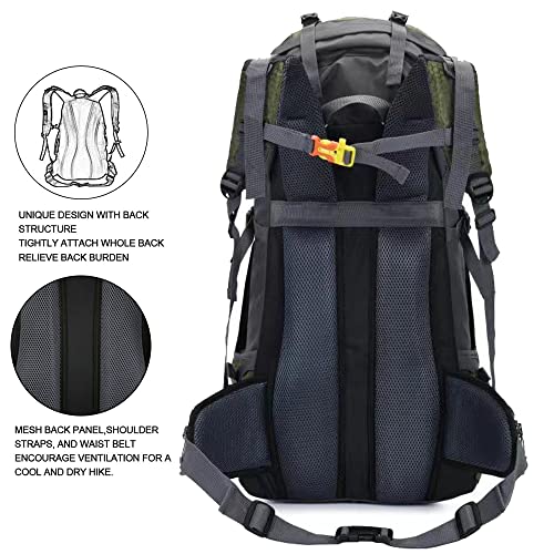 Bseash 60L Waterproof Hiking Camping Backpack with Rain Cover, Large Outdoor Sport Travel Daypack Rucksack for Climbing - color: Army Green