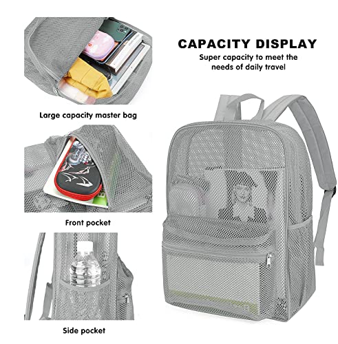 MCWTH Heavy Duty Mesh Backpack, See Through School College Student Mesh Bookbag (Grey) - color: Grey