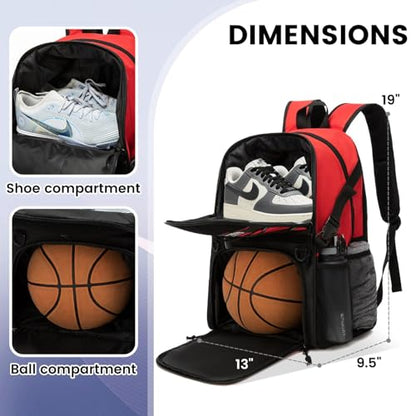 Basketball Bag Backpack with Ball Holder and Shoes Compartment - color: Red