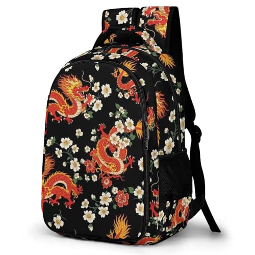 Casual Lightweight Laptop Backpack Red Chinese Japanese Dragon Flower Black, Cute Travel Daypack with Tumbler Holder for College Nurse Teacher Work Commute - color: Pattern (356)