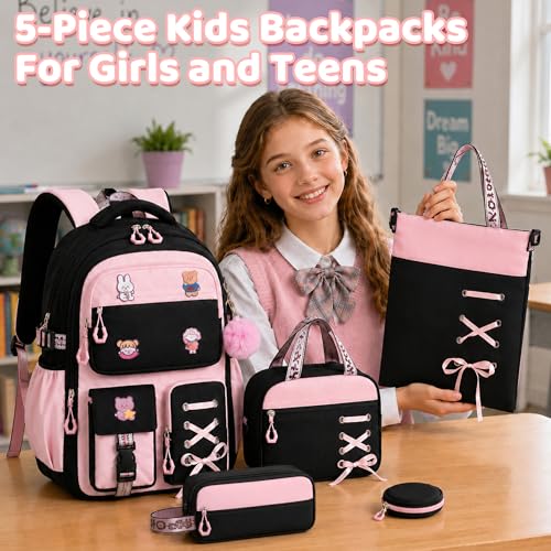 Girls Backpack with Lunch Box, 5pc Cute Pink/Black Bookbag for Kids Teen, Kawaii Aesthetic Elementary School Backpack - color: Pink Black