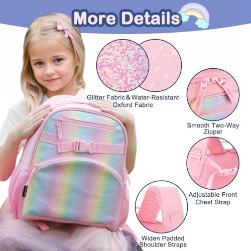 FlowFly Kids Backpack for Toddler Boys Girls, Simple Lightweight Bookbag for Daycare Kindergarten Elementary School Travel, Small Modern Bag (Medium 15'', Glitter-Rainbow) - color: Glitter-rainbow, style: Kids Medium: 12l