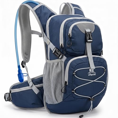 VPBAGE Hydration Backpack with 2L Bladder – Thermal Insulated Water Pack for Hiking, Skiing, Running – Lightweight Daypack for Men & Women, Soft-Lined Sunglasses Pocket & Large Waist Pockets - color: Navy Blue