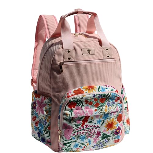 ESVAN Diaper Bag Backpack, Large Capacity Multifunction Baby Essentials Fashion Travel Pack Linen Canvas office Laptop Bag (Corduroy A Pink Flower) - color: Corduroy a Pink Flower
