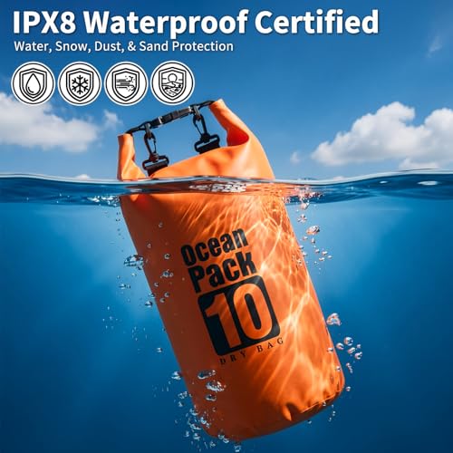 Waterproof Backpack 10L, Roll Top Closure Water Proof Dry Bag Orange, Lightweight Floating Dry Bag for Kayaking Boating, Durable Hiking Backpack with IPX8 Waterproof Phone Pouch-Black, 7" - color: Orange dry bag 10L + Phone pouch 7"