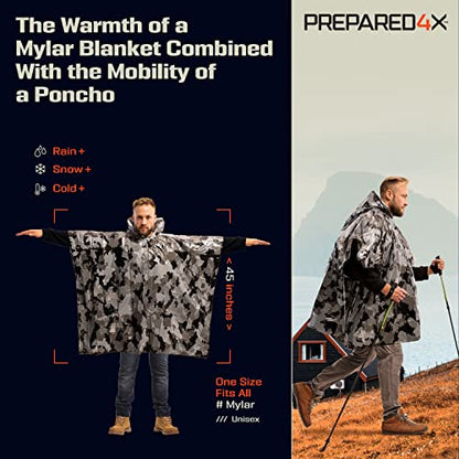 PREPARED4X Emergency Mylar Poncho – Survival Rain Poncho with Hood – Lightweight, Compact, Reusable Emergency Blanket Poncho for Hiking, Camping, Thermal Gear, Car Kit, Outdoors - color: Grey Camo 4-pack