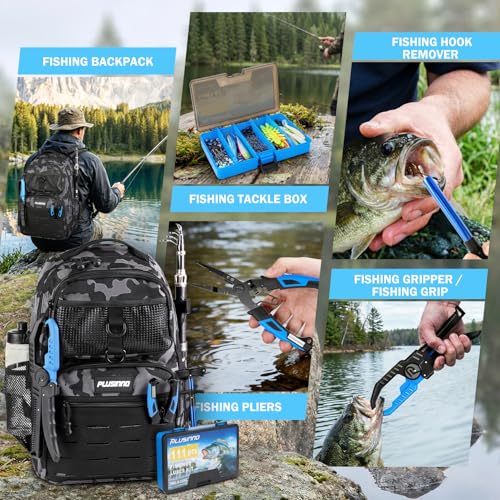 PLUSINNO Fishing Gear, Fishing Backpack with Fishing Rod, Tackle Box, Waterproof Tackle Backpack with Rod Holders,Lures, Tools, Pliers & Accessories, Fish Gifts for Men - color: Fishing Backpack with Fishing Rod and reel combo fishing gear