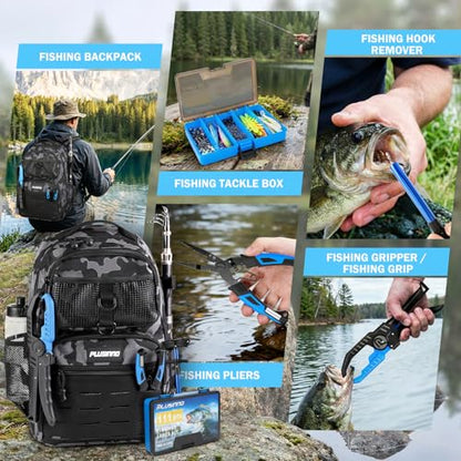 PLUSINNO Fishing Gear, Fishing Backpack with Fishing Rod, Tackle Box, Waterproof Tackle Backpack with Rod Holders,Lures, Tools, Pliers & Accessories, Fish Gifts for Men - color: Fishing Backpack with Fishing Rod and reel combo fishing gear