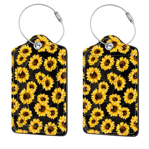2 Pcs Luggage Tags for Suitcase, Cute Unique PU Leather Travel Bag Tag with Privacy Cover ID Label Address Card and Durable Metal Ring Suitable for Men Women Children Backpack,Sunflower - color: Sunflower