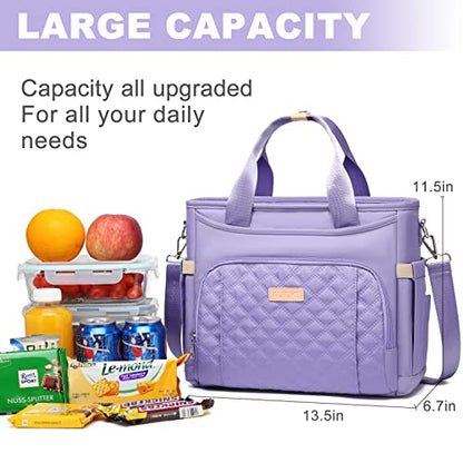AIJIEKE Large Insulated Lunch Bag for Women, Leakproof Work Lunch Box Tote | Keeps food fresh 8-12 hours. Spacious multi-pocket design with a removable strap. Water-resistant and easy-wipe interior - color: Light Purple