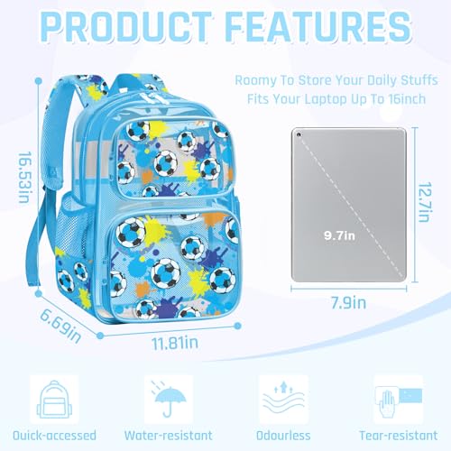 Clear Backpack for Boys and Girls,Kids Clear Backpacks for School,Heavy Duty Transparent Bookbag Stadium Approved - color: Blue-soccer-backpack Only