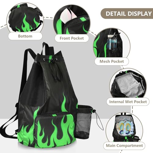Drawstring Gym Swim Bag With Pockets Drawstring Backpacks with Wet Dry Compartments Cool Flame Green