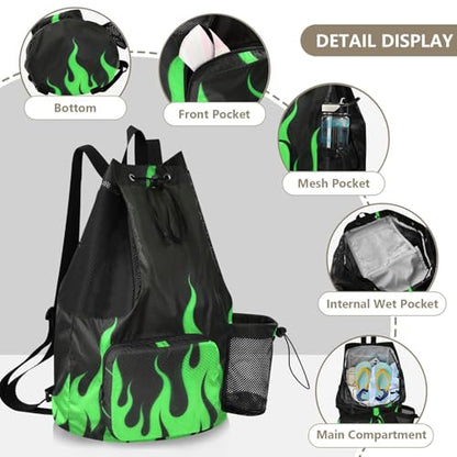 Drawstring Gym Swim Bag With Pockets Drawstring Backpacks with Wet Dry Compartments Cool Flame Green