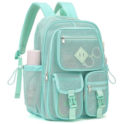 Green Mesh Backpack for Girls Boys, Mesh Bookbags Heavy Duty Semi-Transparent School Bag for College, Travel, Beach, Swimming, Sports - color: Green