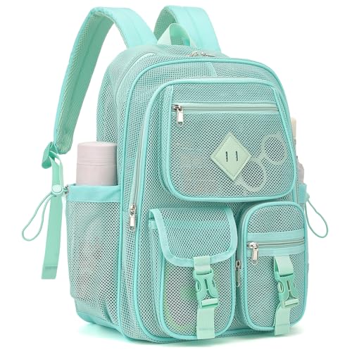 Green Mesh Backpack for Girls Boys, Mesh Bookbags Heavy Duty Semi-Transparent School Bag for College, Travel, Beach, Swimming, Sports - color: Green