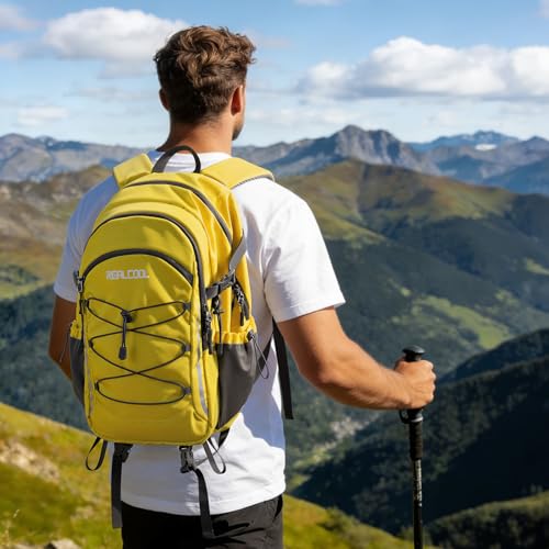RealCool 30L Lightweight Hiking Backpack, Waterproof Daypack for Camping | 210D tear-resistant nylon, breathable shoulder and back panel, Multi-Compartment,hydration system,reflective strip,bungee net - color: Yellow, size: 30L