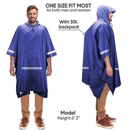 PTEROMY 3-in-1 Hooded Rain Poncho for Adult with Pocket, Waterproof Lightweight Unisex Raincoat for Hiking Camping Emergency - color: Blue W/ Reflective Stripe