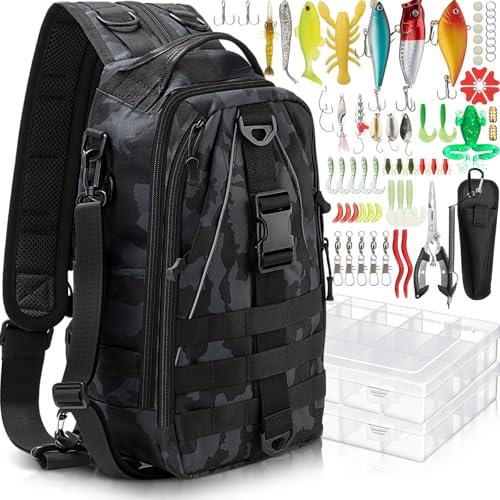 RoundFunny 85 Pcs Fishing Backpack with Tackle Boxes, Tackle Sling Bag with Rod Holder, Fish Lures and Pliers, Fish Tools Gears & Equipment Father's Day Fishing Gift for Dad Men - color: Incognito Camouflage