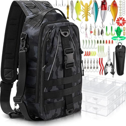 RoundFunny 85 Pcs Fishing Backpack with Tackle Boxes, Tackle Sling Bag with Rod Holder, Fish Lures and Pliers, Fish Tools Gears & Equipment Father's Day Fishing Gift for Dad Men - color: Incognito Camouflage
