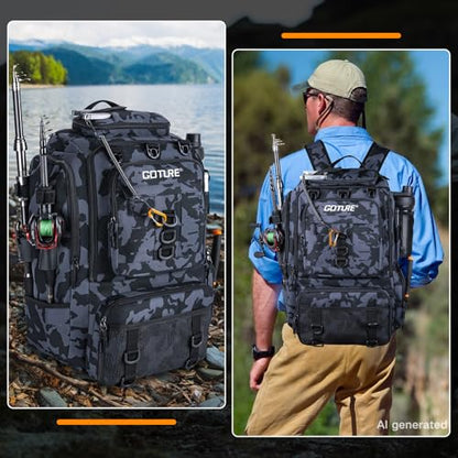 Goture 40L Large Camouflage Fishing Backpack, 900D Tear-Resistant Tackle Bag with Cooler & Rain Cover & 3600 Trays, Freshwater Saltwater - color: Camouflage, size: B - Includes 2 regular 3600 trays