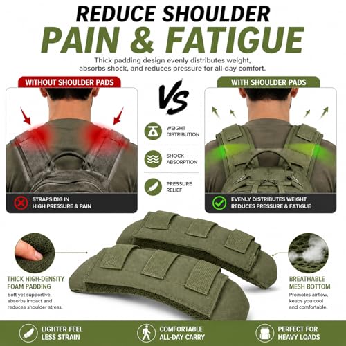 1 Pair Tactical Backpack Shoulder Pads, Thick Shoulder Cushion for Heavy Backpacks Plate Carrier & Rucksack, Fits Straps Up to 2.5", Breathable 3D Mesh, Hook & Loop Fastener, Rucking Hiking & Military - color: Green
