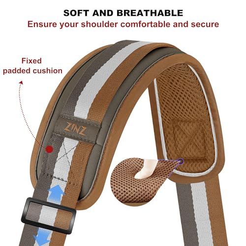 ZINZ 74" Shoulder Strap with Fixed Pad and Dual Balanced Buckles，Brown-White-Gray Stripe - color: Brown-white-gray Stripe