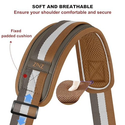 ZINZ 74" Shoulder Strap with Fixed Pad and Dual Balanced Buckles，Brown-White-Gray Stripe - color: Brown-white-gray Stripe