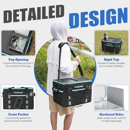 INSMEER Soft Cooler Bag with Hard Shell & 2 Cup Holders, Portable 40L/70 Cans Collapsible Cooler Bags Insulated with Leakproof for Travel, ice chests and Cooler Lunch Box for Beach Camping Picnic - color: Black