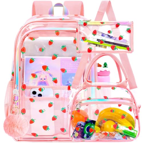 gxtvo 3PCS Clear Backpack for Girls Heavy-Duty Set for Women & Teen, 17" Pink Transparent Bookbag with Rainbow Strap, Cute Strawberry See Through School Bag - color: Pink Strawberry Clear Backpack Set