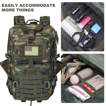 Hannibal Tactical 45L MOLLE Assault Backpack, Tactical Backpack Military Army Camping Rucksack with Bottle Holder, 3-Day Pack Trip w/USA Flag Patch, D-Rings, US Woodland - color: Us Woodland, size: 45L