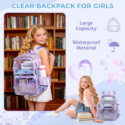 Sisipoet Clear Backpack for Girls with Starry Sky Print, Heavy Duty Transparent Bookbag for School, Stadium, and Concert, Purple - color: Purple/Starry