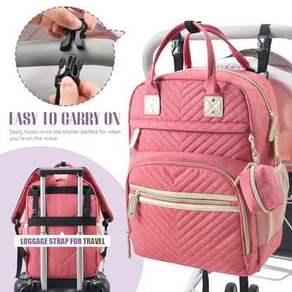 Tuwubi Diaper Bag Backpack, Baby Essentials Travel Tote Bag, Multi function Waterproof Backpacks, Travel Essentials with Stroller Straps & Pacifier Case - Pink - color: Pink, size: Medium