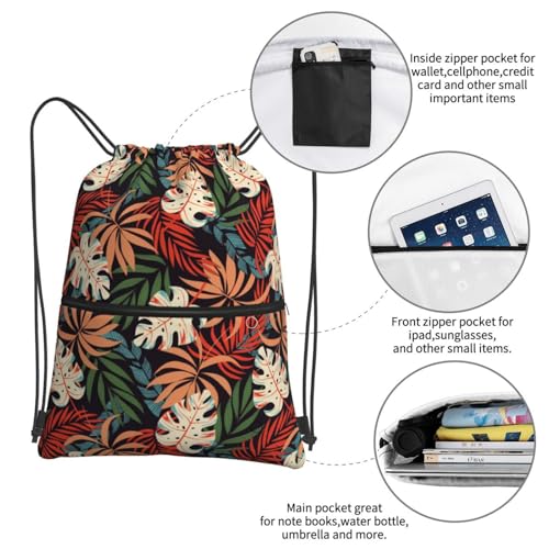 JOOCAR Tropical Leaf Drawstring Bag Summer Backpack Draw String Bags Waterproof Lightweight Sports Gym Beach Sackpack Zipper Pocket for Men Women - color: B4