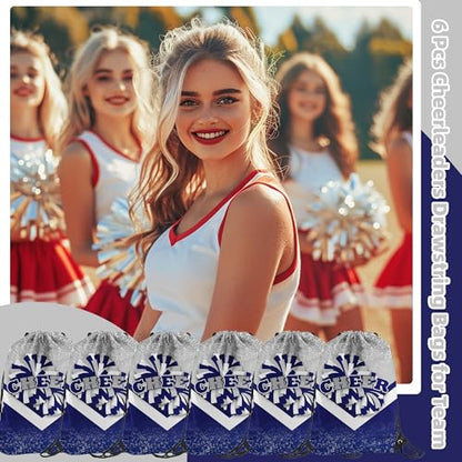 6 Pcs Cheer Drawstring Backpack Cheerleading Drawstring Gym Bags Cheerleader Gifts for Cheerleaders (Silver&Blue)