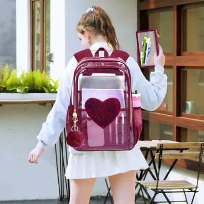 gxtvo 3PCS Girls See Through Backpack Heavy-Duty Set for Women & Teen, 17" Transparent Bookbag for with Luxurious Gold Zipper, Wine Red Sequins Clear School Bag - color: Wine Red Sequins Clear Backpack Set