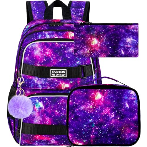 UFNDC Backpack for Girls, 17.5" Water Resistant Cat Galaxy Tie-Dye School Backpacks, Teens Bookbag for Women College Middle - color: Girls Backpack Galaxy Purple