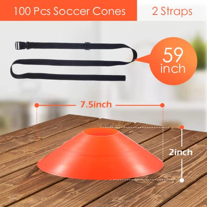 Kenning 100 Pcs Soccer Agility Cones with Strap, Orange Disc Cones for Sports Training, 7.5 Inch Soccer Field Marker Athletic Cone with 2 Carry Straps for Football Basketball Indoor Outdoor Practice