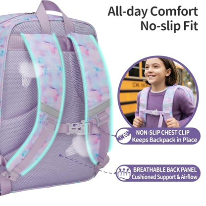 Kids Backpack for Girls - 17 Inch Insulated School Bag Ages 8-10 | Elementary Backpack for Grades 3-5, Fits Binder Laptop, Insulated Pocket, Reflective Strips, S-Curve Straps, Purple Tie Dye - color: Purple Tie-dye