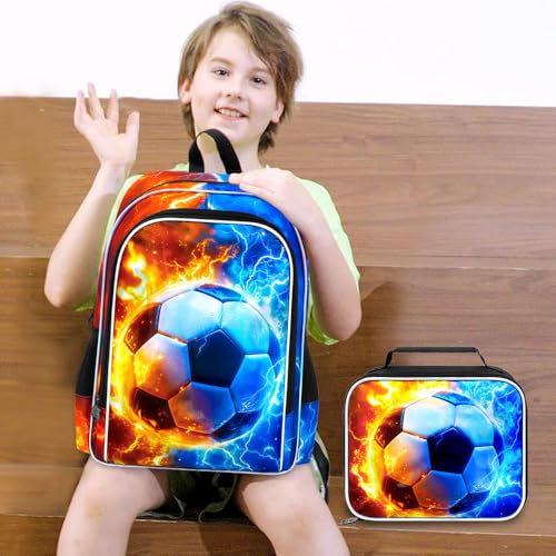 AGSDON 3PCS Soccer Backpack for Boys, 17" Kids Bookbag with Lunch Box for Boy, Flame Thunder Backpacks Water Resistant and Lightweight for Teen - color: Soccer