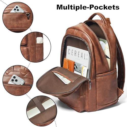 LATMAP Vegan Leather Backpack 17Inch Laptop Backpack for Women Travel Brown | Large capacity, laptop compartment, water-resistant, easy to wipe clean, TSA-friendly, with luggage strap & pickpocket-proof - color: Brown