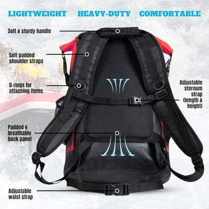TACTIKO 35L Heavy-Duty 100% Waterproof Backpack, Roll Top Dry Bags for Kayaking, Hiking, Camping, Survival - color: Red